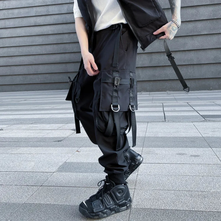 Hip Hop Tactical Cargo Pants Men Multi Pocket Ribbon Design Joggers Trousers 2023 Spring Functional Elastic Waist Pant Black