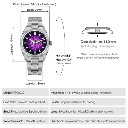 Watchdives WD0003C Ice Crack Dial 38mm Men Watch VH31 Sweep Seconds Quartz Movement Sapphire Luminous 10Bar Waterproof Watches