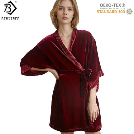 Birdtree, OEKO-TEX, Tessuto base 100% Abito di seta, Indumenti da notte da donna Camicia da notte addensata naturale, Pigiama per la casa in velluto P5D924JF