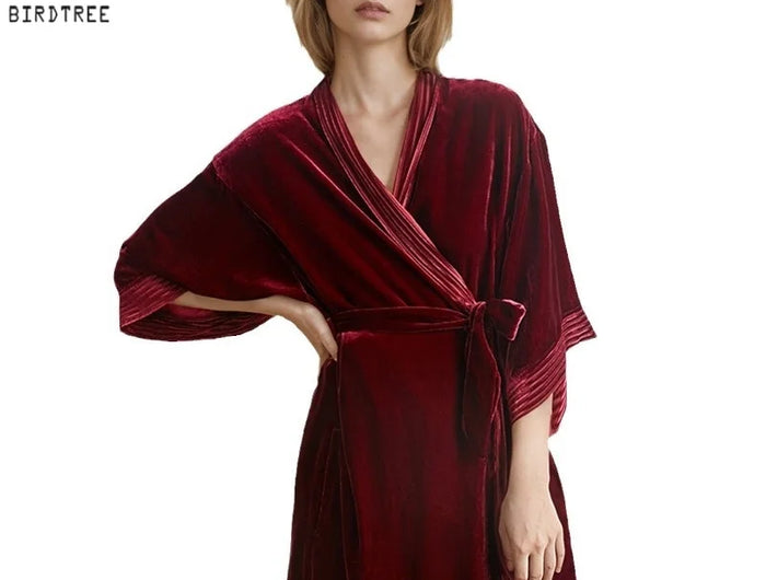 Birdtree, OEKO-TEX, Tessuto base 100% Abito di seta, Indumenti da notte da donna Camicia da notte addensata naturale, Pigiama per la casa in velluto P5D924JF