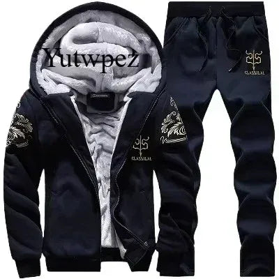 M-6XL Men's Winter 2 Piece Tracksuit Set, Thickened Warm Hooded Coat & Sweater, Outdoor Hiking Cycling Camping Running Outerwear
