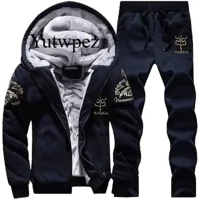 M-6XL Men's Winter 2 Piece Tracksuit Set, Thickened Warm Hooded Coat & Sweater, Outdoor Hiking Cycling Camping Running Outerwear