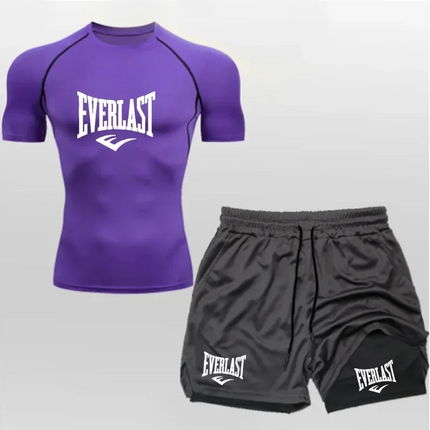 EVERLAST Camicia da Compressione da Uomo + Pantaloncini Sportivi 2 in 1 Set da 2 Pezzi per Il Tempo Libero Respiro Manica Corta Sport Jogging Palestra Marchio di Abbigliamento Stampa platinumshop