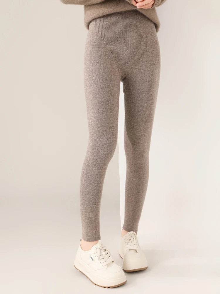 Women's Wool Leggings Slim Warm Autumn Winter High Waisted Elastic Tight Pants 100% Merino Wool Knitted Skin-friendly Leggings PlatiNum