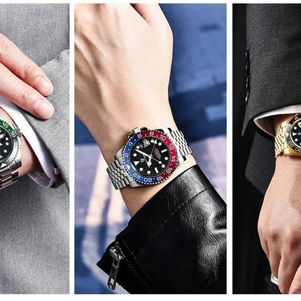 TOP PAGANI DESIGN PD1662 GMT Orologio meccanico automatico da uomo Cinturino in acciaio inossidabile Anello in ceramica blu Quadrante bianco Resistente all'acqua fino a 100 m Orologi da polso sportivi da uomo luminosi per uom