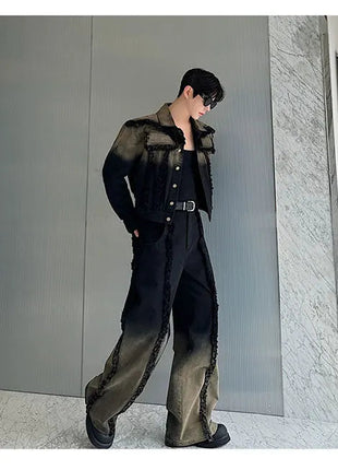 2025 New Men Denim Jacket and Jeans Set Two Piece Gradient Color Frayed Design Loose Fit High End Street Fashion Youth Trendy PlatiNum