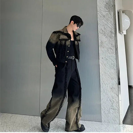 2025 New Men Denim Jacket and Jeans Set Two Piece Gradient Color Frayed Design Loose Fit High End Street Fashion Youth Trendy PlatiNum
