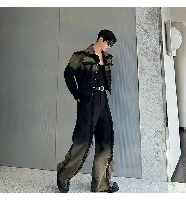 2025 New Men Denim Jacket and Jeans Set Two Piece Gradient Color Frayed Design Loose Fit High End Street Fashion Youth Trendy PlatiNum