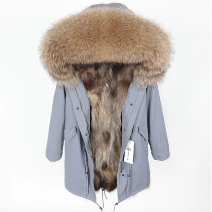 Winter Long Jacket Real Fur Coat Women Clothes Large Silver Fox Fur Collar Detachable Natural Fox Lining Parkas Leather Fur