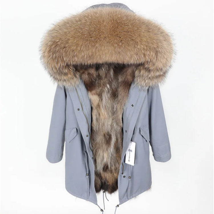 Winter Long Jacket Real Fur Coat Women Clothes Large Silver Fox Fur Collar Detachable Natural Fox Lining Parkas Leather Fur