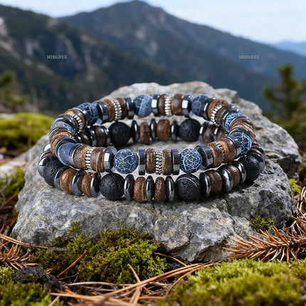 Set di braccialetti con perline in pietra naturale da uomo da 2 pezzi, gioielli da uomo in stile retrò fatto a mano all'aperto, regalo da uomo platinumshop