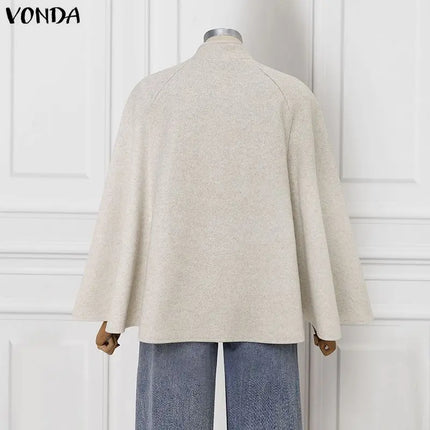 VONDA Autumn Women Capes Elegant Stand Collar Thin Cape Coat Solid Button Poncho OL Work Tops Office Streetwear Party Jackets