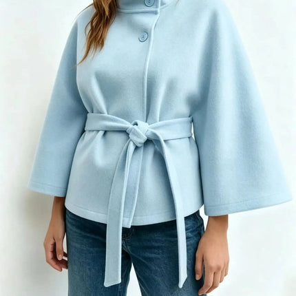 Women's Cape Coat Elegant Stand Collar Belted Solid Color Button Down Autumn Winter Jacket