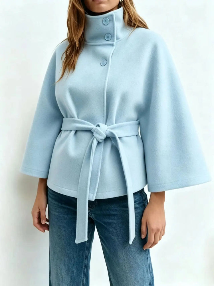 Women's Cape Coat Elegant Stand Collar Belted Solid Color Button Down Autumn Winter Jacket