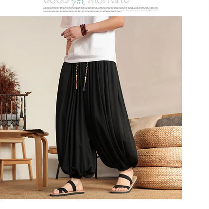 Pantaloni Larghi in Lino da Uomo, Tinta Unita, Casual e Comodi, Stile Harun, Moda Harajuku, Taglie Fino alla 8XL