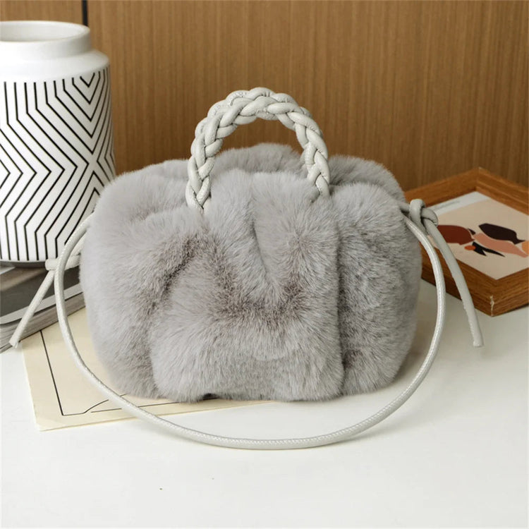 Women's Crossbody Pumpkin Plush Bag Cute Tote Bags Autumn Winter Fashion Solid Color Handbag Travel Shoulder Bags PlatiNum