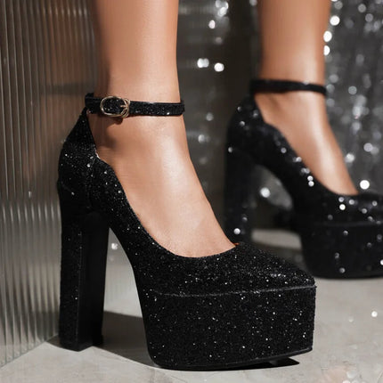 Ochanmeb Bling Bling Silver Gold Glitter Shoes Woman Ultra High Heels Platform Buckle Sequin Red Pumps Ladies Party Prom Wedding PlatiNum