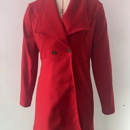 Women's Autumn Winter Yellow Woolen Coat Elegant Lapel Double Button Slim Fit Mid-Length Overcoat Casual Long Sleeve Outerwear F