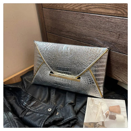 Fashion Crocodile Pattern Envelope Clutch Women's Handbags For Gifts, Designer Casual Ladies Purses Phone Pocket PlatiNum