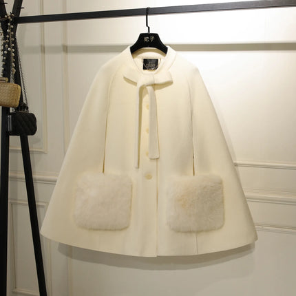 French Elegant Socialite Cape Jacket Plush Pocket Round Neck Bow Single-breasted Loose Versatile Woolen Cloak Coats Women Winter