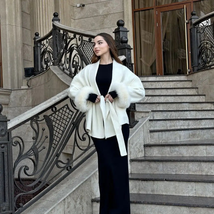Elegant Lace Up Woolen Short Coat Solid Loose Lapel Furry Long Sleeve Belt Waist Jacket 2026 Spring Autumn Lady Chic Cardigan