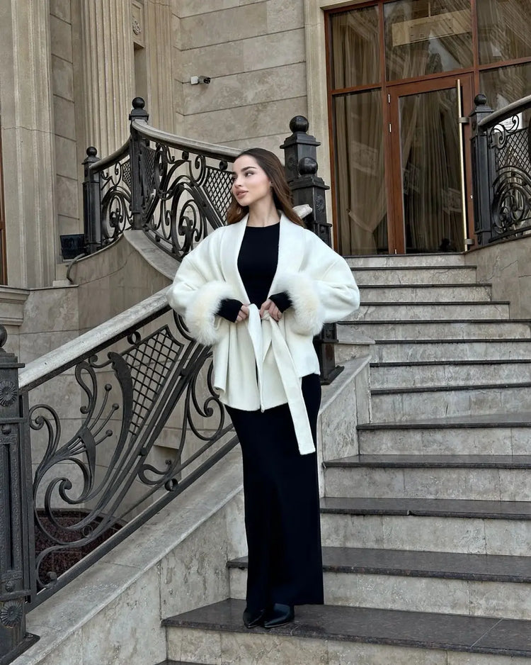 Elegant Lace Up Woolen Short Coat Solid Loose Lapel Furry Long Sleeve Belt Waist Jacket 2026 Spring Autumn Lady Chic Cardigan