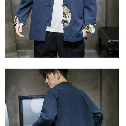 Camicie da uomo ricamate 2026 primavera stile cinese retrò colletto alla coreana giacca in cotone e lino cardigan da uomo Kungfu allentato casual Top