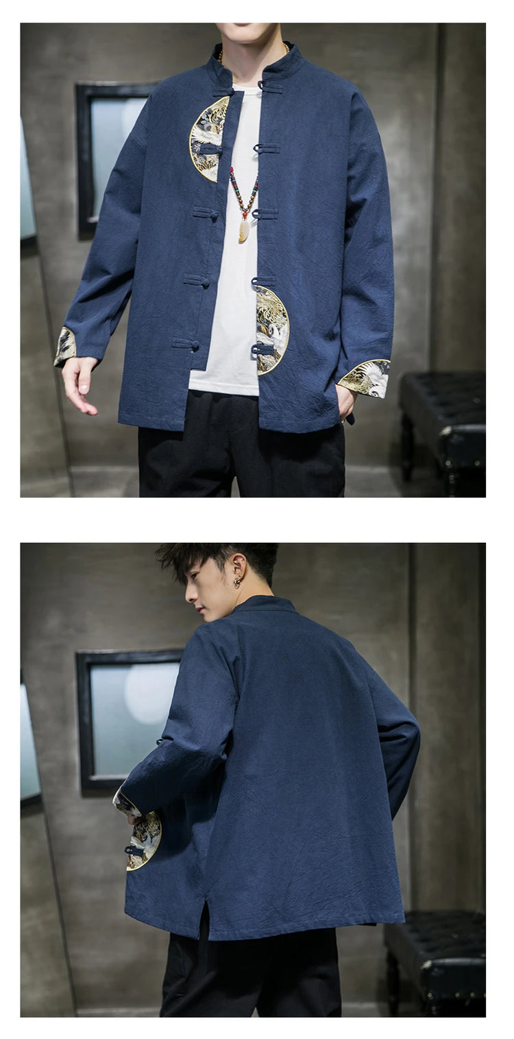 Camicie da uomo ricamate 2026 primavera stile cinese retrò colletto alla coreana giacca in cotone e lino cardigan da uomo Kungfu allentato casual Top