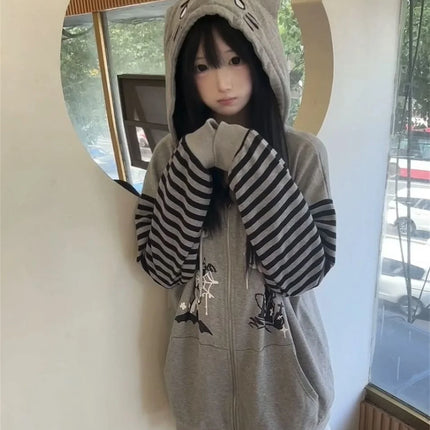 Cat Ear Hooded Sweatshirts Jackets Women Clothing Y2k Tops Patchwork Striped Anime Hoodie Ropa Mujer Casual Fashion Hoodies Coat