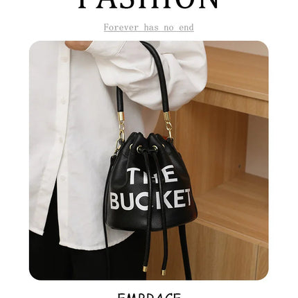 Spring New Fashion Letter PU Leather Bucket Bag Women Simple City Style Shoulder Handbag Trendy Crossbody Satchel Handbag PlatiNum