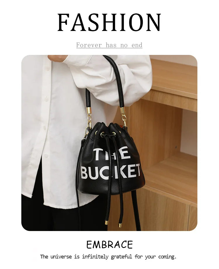 Spring New Fashion Letter PU Leather Bucket Bag Women Simple City Style Shoulder Handbag Trendy Crossbody Satchel Handbag PlatiNum
