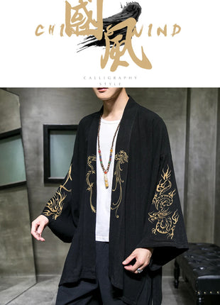 Trench da uomo ricamato in cotone Hanfu Lino Abito stile cinese Giacca cardigan Casual Kimono oversize 5XL Cappotto antico maschile