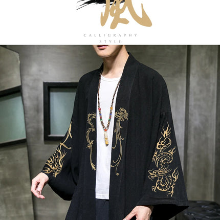 Trench da uomo ricamato in cotone Hanfu Lino Abito stile cinese Giacca cardigan Casual Kimono oversize 5XL Cappotto antico maschile