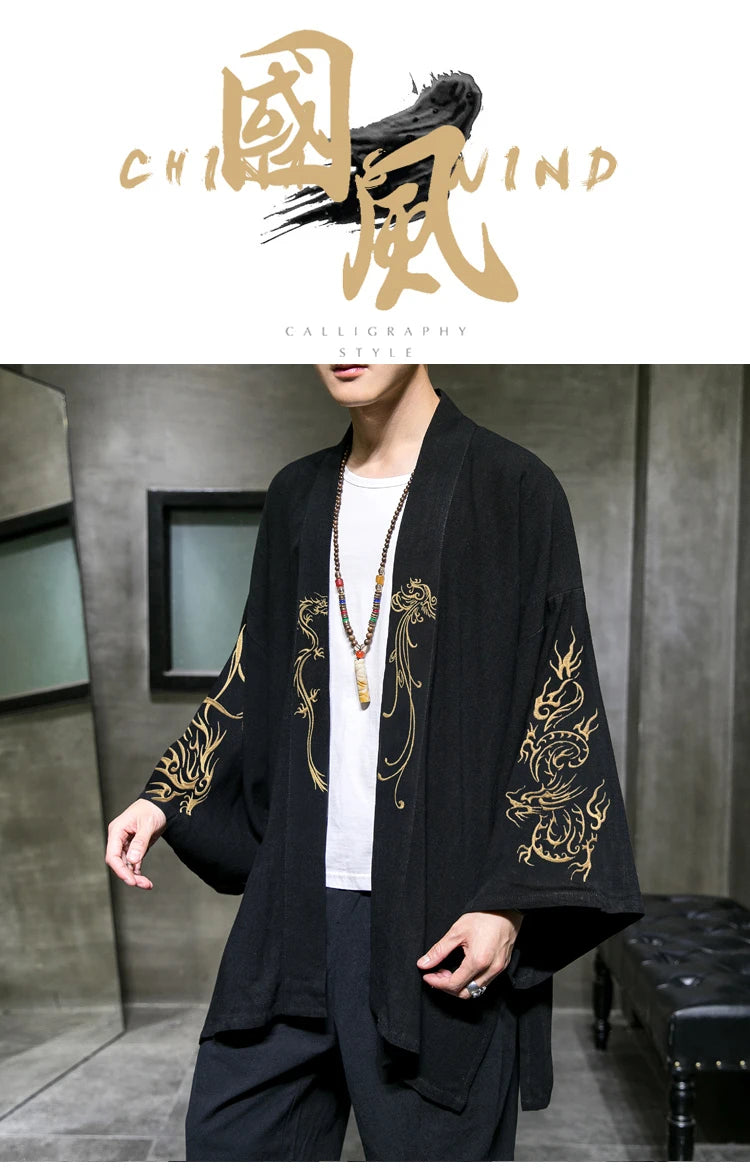 Trench da uomo ricamato in cotone Hanfu Lino Abito stile cinese Giacca cardigan Casual Kimono oversize 5XL Cappotto antico maschile