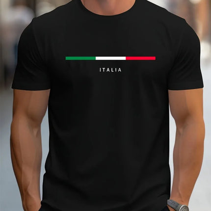 Men's Summer Short-Sleeved Sports T-Shirt with ITALY Print, Casual Loose Fashion Round Neck in Polyester Fabric