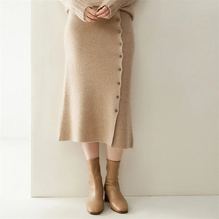 Women 100% Cashmere Skirts Office Lady Autumn Winter Knitted High Waist A-Skirt Graceful Long Warm front-open skirt with buttons PlatiNum