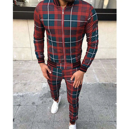 2025 Men Tracksuit 2pc Set Gym Hiking Plaid Zipper Hoodie Cargo Pants Autumn Athleisure Outfit Fleece Jogger Sportswear PlatiNum