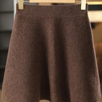 Women 100% Merino Wool Skirts Mini A-line Elastic Waist Skirts Autumn Winter Cashmere Above Knee Knitted Soft Sweet Style Dress PlatiNum