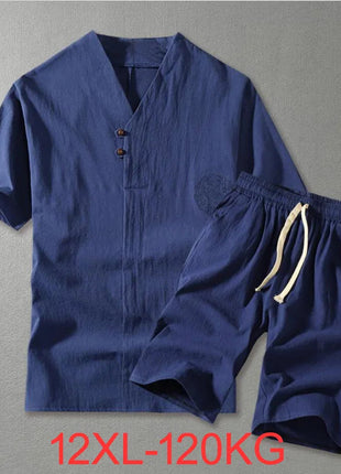 Men's Clothing Large Size Tracksuit 8XL 9XL Linen Short T-shirt Summer Suit 160kg Clothing Track Suit 5XL Cotton Husband Set PlatiNum