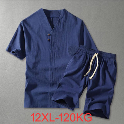 Men's Clothing Large Size Tracksuit 8XL 9XL Linen Short T-shirt Summer Suit 160kg Clothing Track Suit 5XL Cotton Husband Set PlatiNum