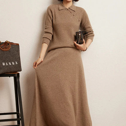 Korean Long Skirt Women's Wave Skirt 100% Cashmere Straight Skirt Knit Autumn Winter Skirt Warm Elegant Casual Knee Length Dress PlatiNum