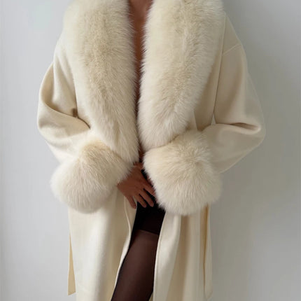 Women's Solid Color Lace Up Fur Collar Woolen Overcoat Bathrobe Style Long Loose Coat Advanced Atmosphere Autumn Winter Overwear