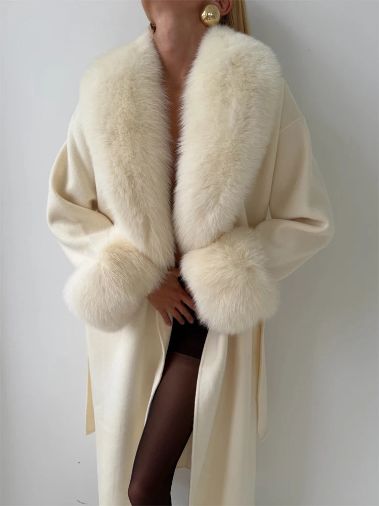 Women's Solid Color Lace Up Fur Collar Woolen Overcoat Bathrobe Style Long Loose Coat Advanced Atmosphere Autumn Winter Overwear