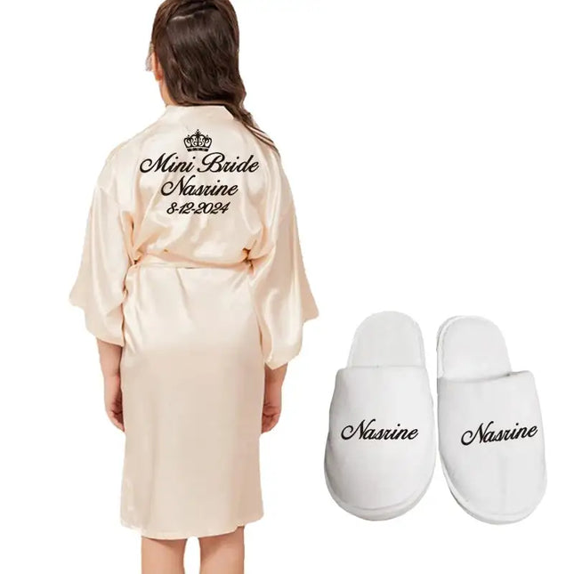 Personalizza Nome Data Ragazza di fiori Kimono Vestaglie Accappatoi da sposa Pigiama Abito per bambini + cintura Camicia da notte Brial Party Kid Robe platinumshop