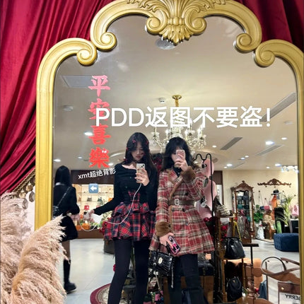 Women's Double Breasted Plaid Coat, Woolen Jacket , V-Neck, Loose Tops, Female Clothes, Sweet, New, Autumn, Winter