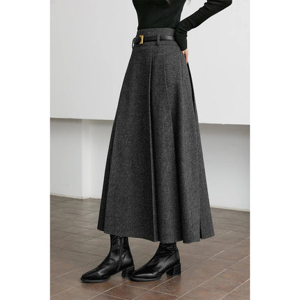 VIMLY Elegant Wool Blend Pleated Maxi Skirt for Women 2025 Winter High Waist Stereo Heavy Duty Skirt Office Lady Clothes M9173 PlatiNum