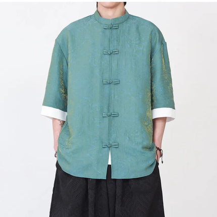 Camicia da Uomo di Lusso con Sfumature Colorate, Jacquard a Maniche Corte, Stile Cinese Tradizionale, Fresca per l'Estate, in Seta Ghiaccio