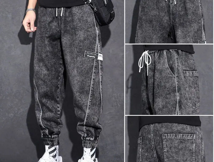 Loose Elastic Waist Denim Jeans for Men 2024 Fashion Casual Spring Workwear Foot-Tied Pants with Brand Workwear Baggy Trousers PlatiNum