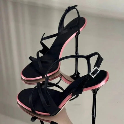 Satin Color Block Stiletto Fashionable High Heels with One Belt 2026 New Summer Sexy Temperament Versatile Sandals PlatiNum