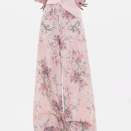 Nuovi jeans ricamati rosa stile cinese da donna Pantaloni estivi casual a gamba larga lunghi fino al pavimento con design stampato